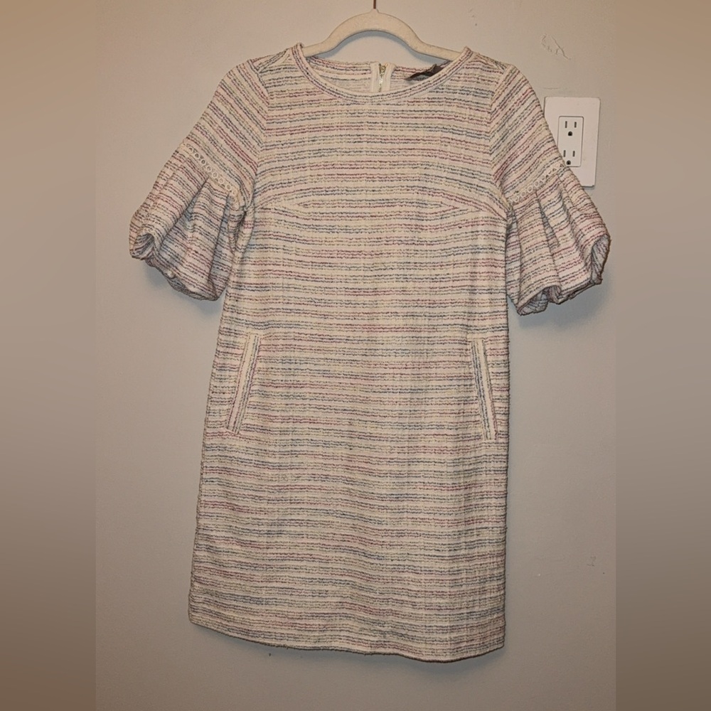 LOFT colorful bouncle Tweed Puff Sleeve Shift Dress - Picture 2 of 7